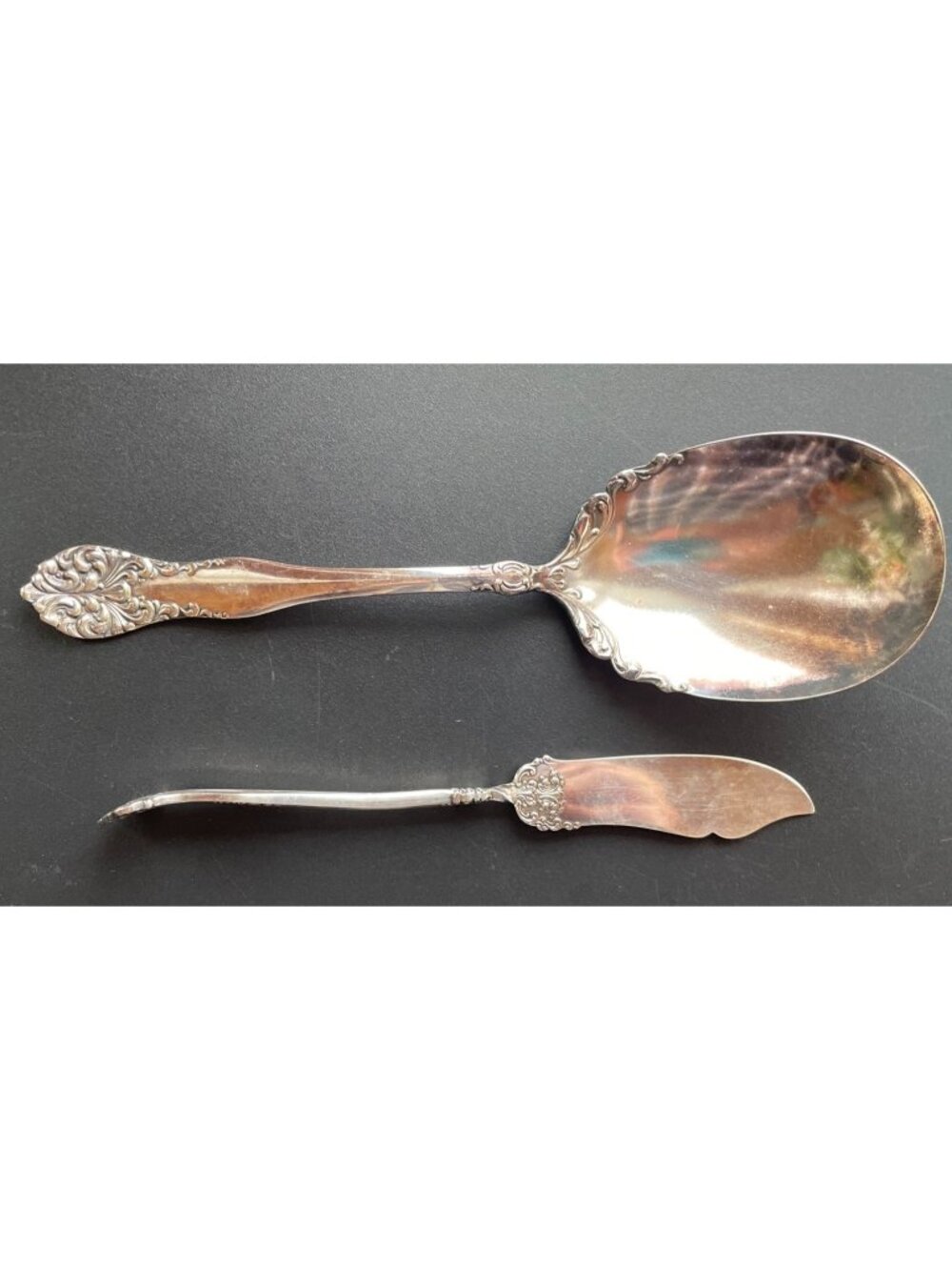 W R  LENORA LEONORA Antique Casserole Spoon and Butter Knife Silverplate 1905